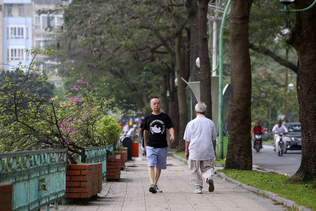 Nhiều người tản bộ trên con đường nhiều cây xanh bên hồ Trúc Bạch.