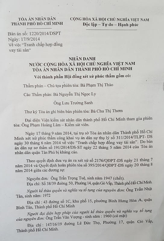 Bản án phúc thẩm số 1220/2014/DSPT của TAND TP HCM.