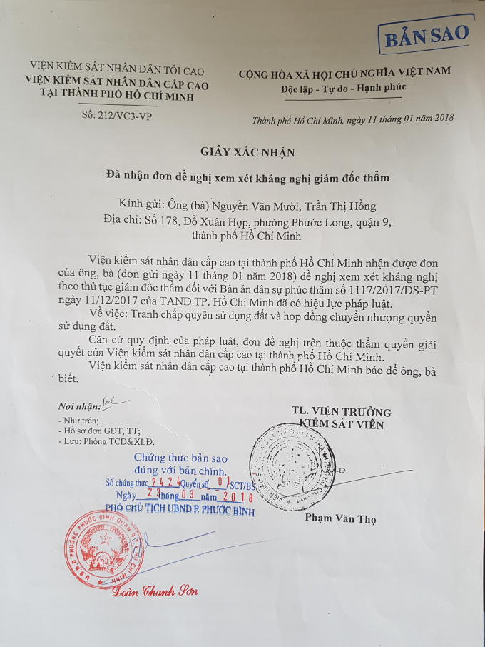 Biên nhận đơn xin kháng nghị theo thủ tục giám đốc thẩm của VKSND Cấp cao tại TP HCM.