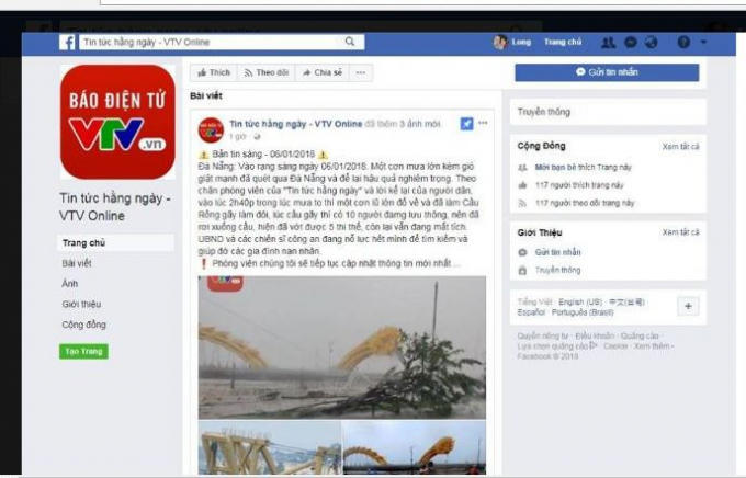 Một facebook giả mạo của VTV tung tin đồn thất thiệt về Đà Nẵng.