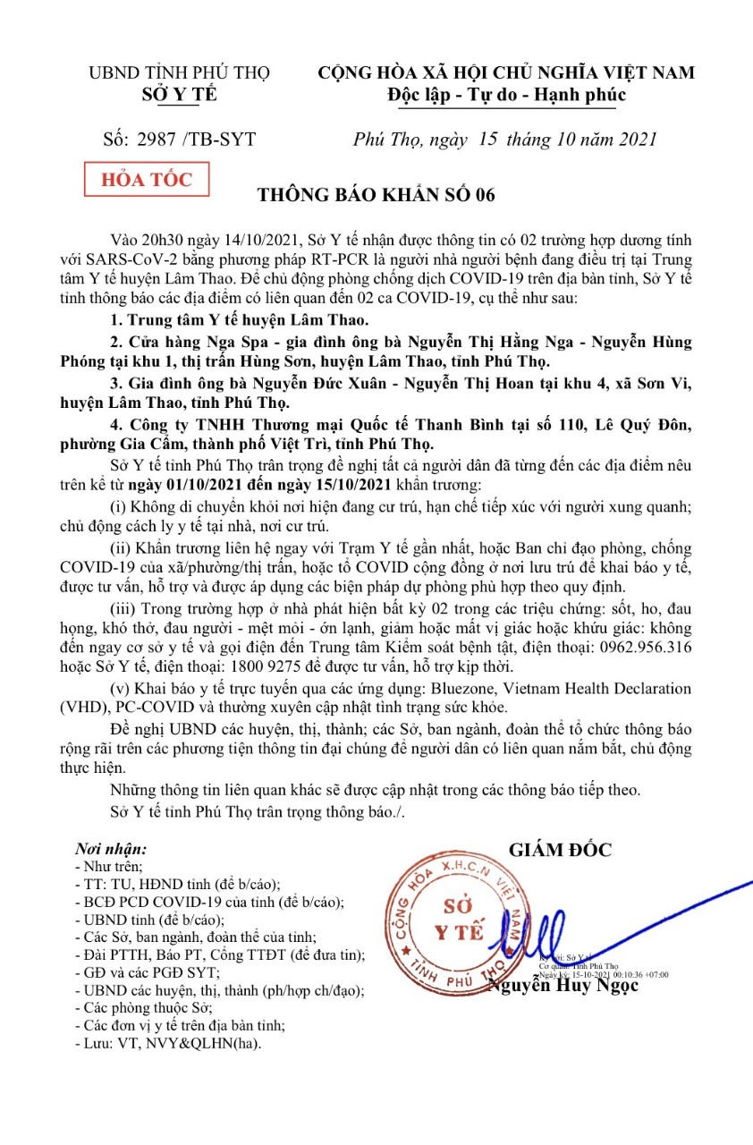 Nội dung văn bản hỏa tốc số 06  của Sở Y tế tỉnh Phú Thọ về các điểm có liên quan đến hai ca dương tính.