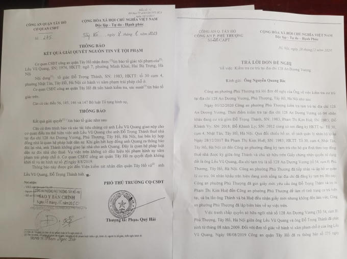 Thông báo và trả lời đơn kiến nghị của Công an quận Tây Hồ và Công an phường Phú Thượng đang đá trách nhiệm sang Toà án nhân dân quận Tây Hồ.