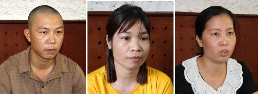Các đối tượng Lưu Ngọc Huân, Cổ Thị Thứ và Lương Thị Sơn (từ trái qua phải) tại cơ quan điều tra. (Ảnh: Quỳnh Trang).