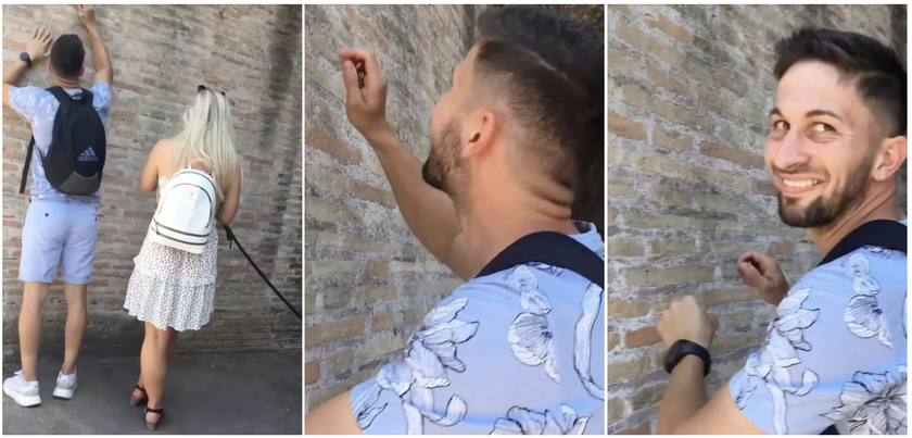 Hình ảnh từ đoạn video ghi lại hình ảnh thanh niên này khắc chữ lên đấu trường La Mã.