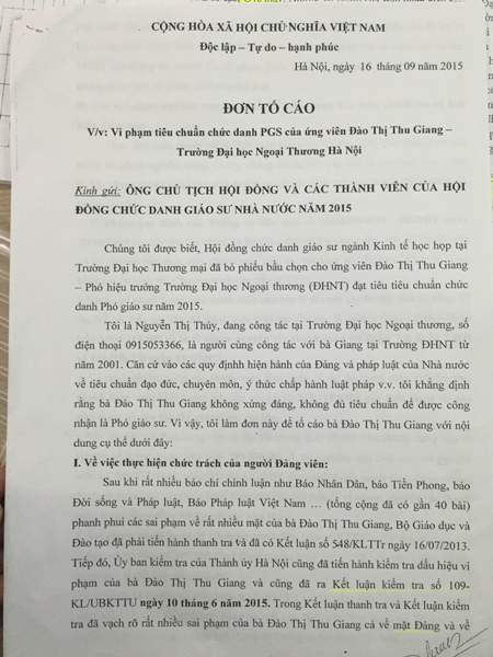 Đơn tố cáo của bà Thúy gửi các cơ quan chức năng đề nghị làm rõ những sai phạm của bà Đào Thị Thu Giang- Hiệu phó Đại học ngoại thương