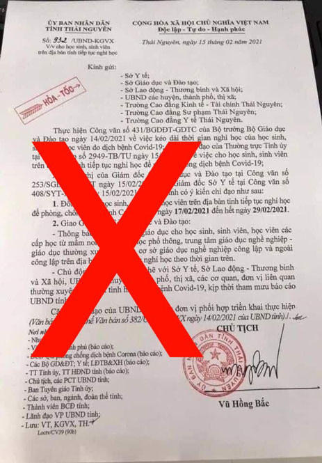 Văn bản giả mạo lan truyền trên mạng xã hội về việc cho học sinh, sinh viên trên địa bàn tỉnh Thái Nguyên tiếp tục nghỉ học để phòng, chống dịch Covid-19.