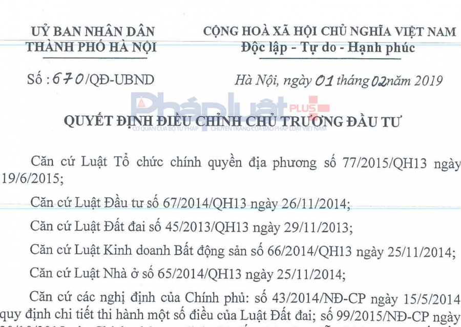 Quyết định số 670/QĐ-UBND về việc điều chỉnh chủ trương đầu tư dự án lần thứ 2.