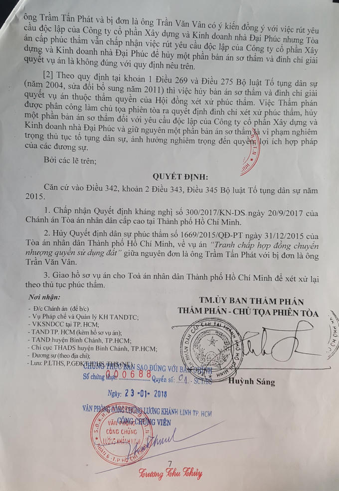 Ủy ban Thẩm phán TAND Cấp cao tại TP HCM đã Quyết định chấp nhận Quyết định kháng nghị của Chánh án TAND Cấp cao tại TP HCM; Hủy Quyết định dân dự Phúc thẩm số 1669/2015/QĐ-PT của TAND TP HCM.