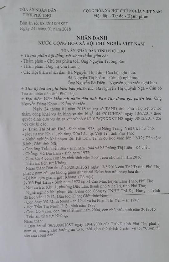 Bản án của TAND tỉnh Phú Thọ tuyên hai vợ chồng chị Huệ 21 năm tù, đôi vợ chồng kháng cáo và kêu oan lên TANDTC.