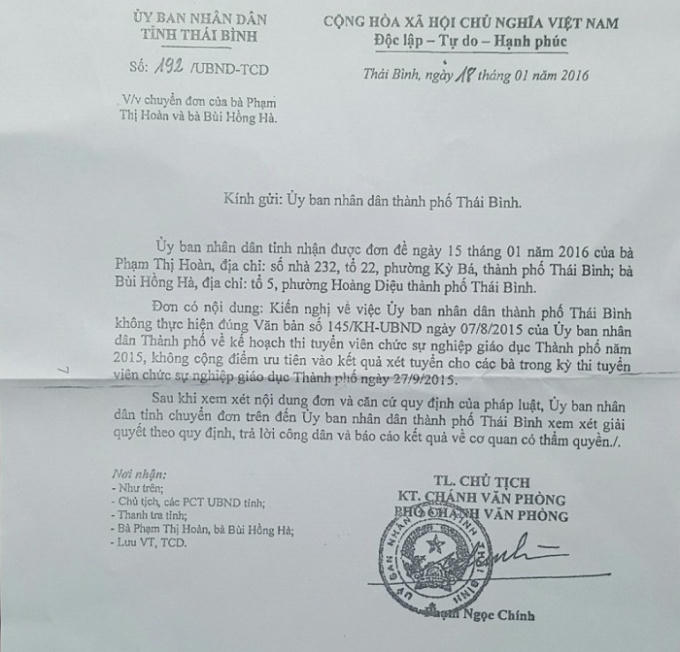 Công văn số 192/UBND-TCD, gửi UBND Tp Thái Bình.