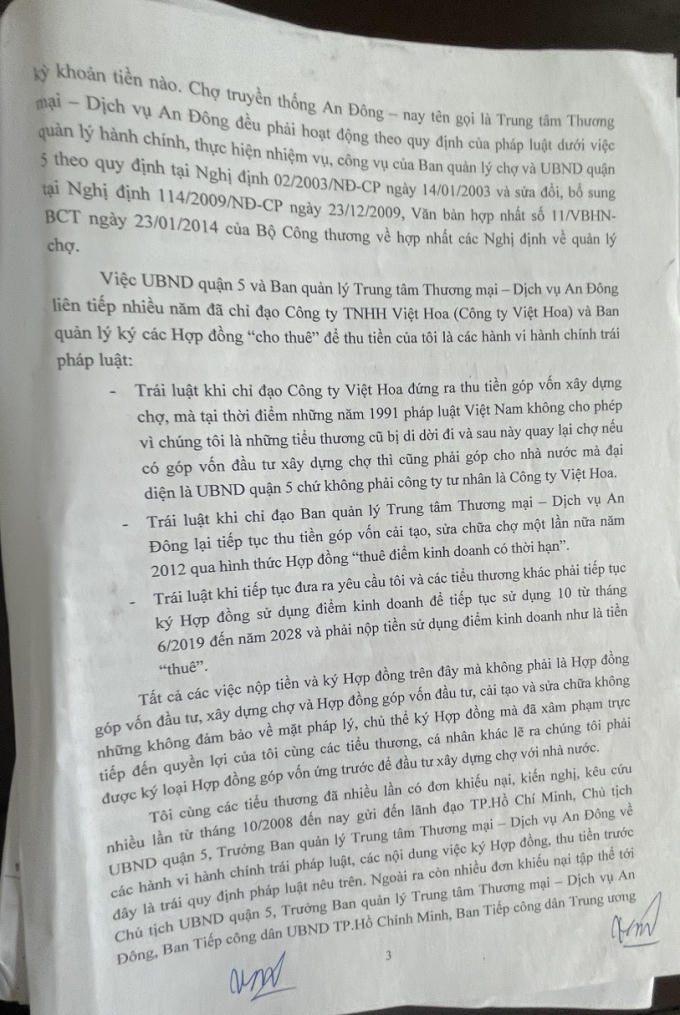 Các tiểu thương đưa ra các căn cứ chứng mình hành vi hành chính của UBND quận 5 là trái luật.