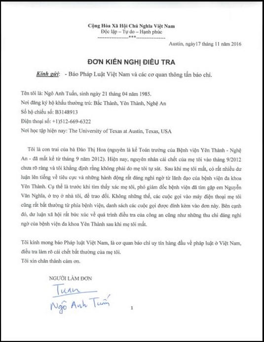 Đơn của người con trai từ Mỹ gửi về tòa soạn Pháp luật Việt Nam kêu oan cho người mẹ xấu số.