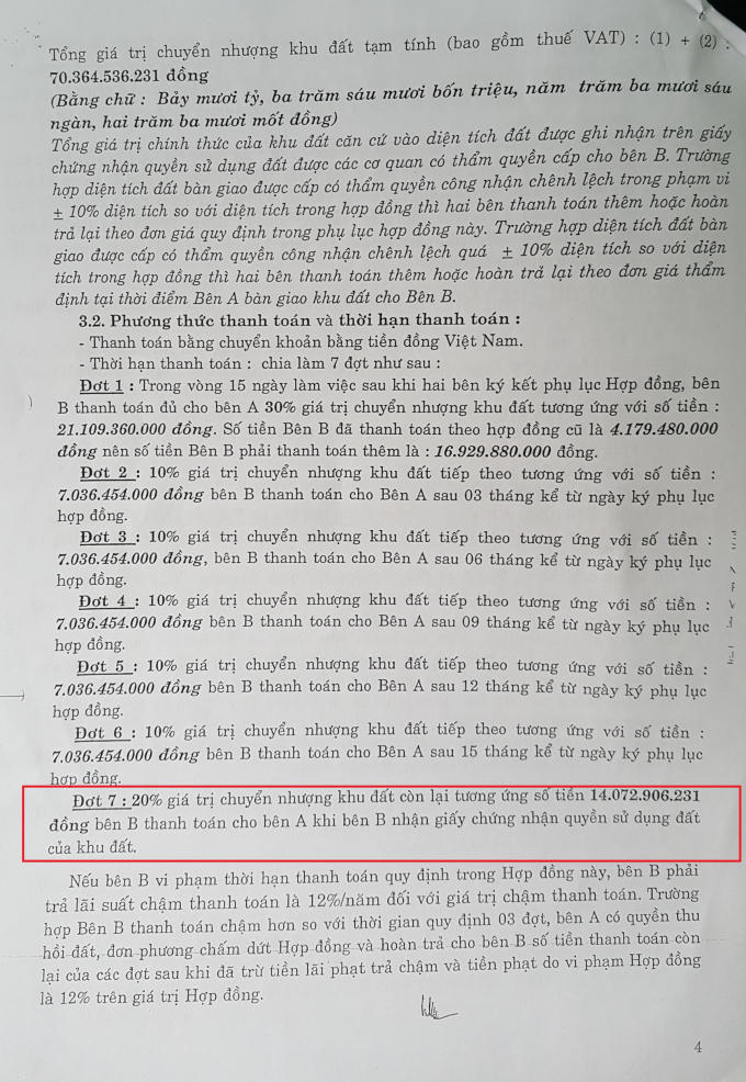 “20% giá trị chuyển nhượng khu đất còn lại tương ứng số tiền 14.072.906.231 đồng bên B (Cty  SGCL – PV) thanh toán cho bên A (Cty HDTC - PV) khi bên B nhận giấy chứng nhận quyền sử dụng đất của khu đất”