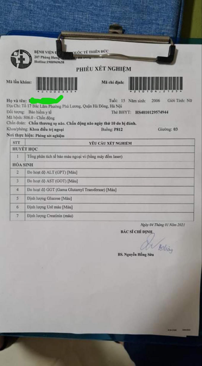 Theo phiếu xét nghiệm, nữ sinh Đ. T. T được chẩn đoán chấn thương sọ não, Chấn động não do bị đánh ngày thứ 10.