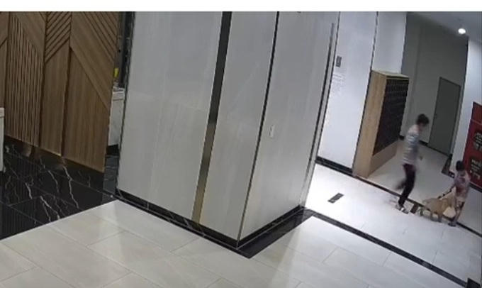Người cha trong hình đang đuổi chú chó để bảo vệ con trai.