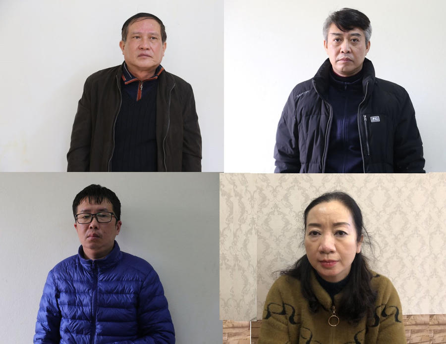 Bốn trong 5 bị can bị khởi tố, Tân Tú Hải (hàng trên bên trái), Đặng Quang Tuấn (hàng trên bên phải), Phan Việt Anh (hàng dưới) và Chu Thị Ngọc Ngà.