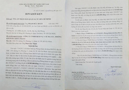 Đơn khởi kiện phòng khám đa khoa MAYO (Công ty TNHH Dịch vụ Y tế MAYO) lên TAND quận 10. (ảnh H.A.T)