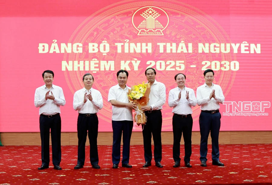 Thường trực Tỉnh ủy Thái Nguyên tặng hoa chúc mừng đồng chí Trịnh Việt Hùng được Bộ Chính trị điều động phân công giữ chức vụ Bí thư Tỉnh ủy Lào Cai.