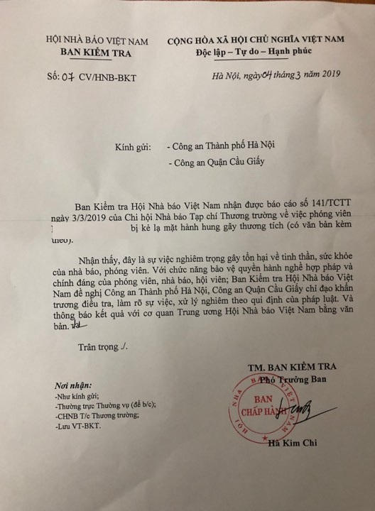 Văn bản của Hội Nhà báo gửi tới Công an TP Hà Nội và Công an quận Cầu Giấy.