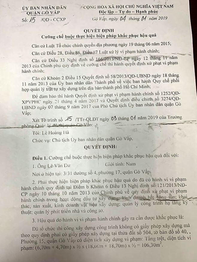 Quyết định cưỡng chế, buộc thực hiện biện ph&aacute;p khắc phục hậu quả đối với hộ &ocirc;ng Dư.&nbsp;