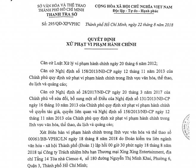 Quyết định xử phạt của Thanh tra Sở Văn hoá, Thể thao và Du lịch TP HCM