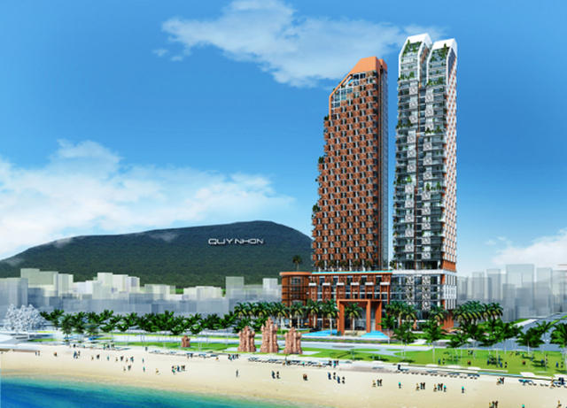 Phối cảnh dự Khu phức hợp Khách sạn, Thương mại và Căn hộ cao cấp Thiên Hưng có mức đầu tư hơn 2.900 tỷ đồng. Đây cũng được xem là khu "đất vàng" với căn hộ hướng ra biển Quy Nhơn tuyệt đẹp.