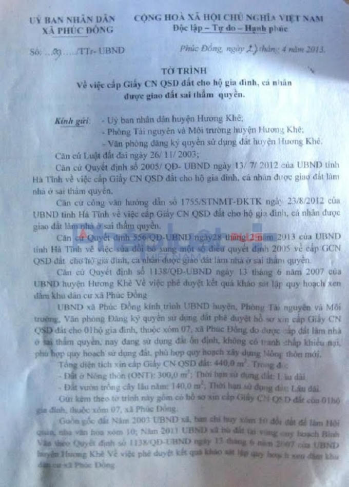 Xã Phúc Đồng đã gửi tờ trình lên các ban lãnh đạo Huyện Hương khê từ năm 2013 nhưng sự việc vẫn chưa được giải quyết.