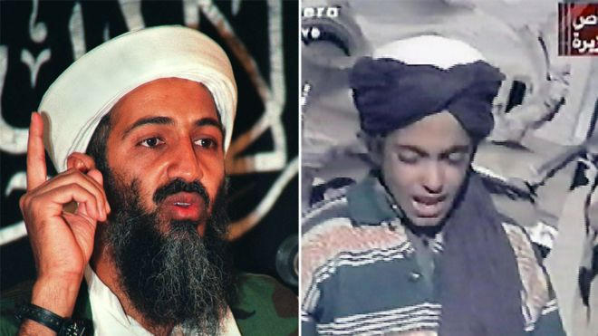 Trùm khủng bố bin Laden (trái) và con trai Hamza bin Laden (phải). (Ảnh: AFP)