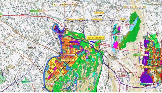 Bản đồ hướng tuyến đường sắt tốc độ cao trên trục Bắc - Nam, đoạn qua địa phận tỉnh Ninh Bình. Ảnh: Báo Lao động