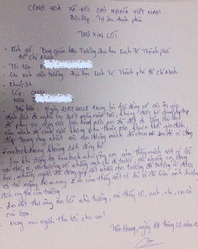 Thư xin lỗi của P.A.T gửi trường ĐH Kinh tế TPHCM.