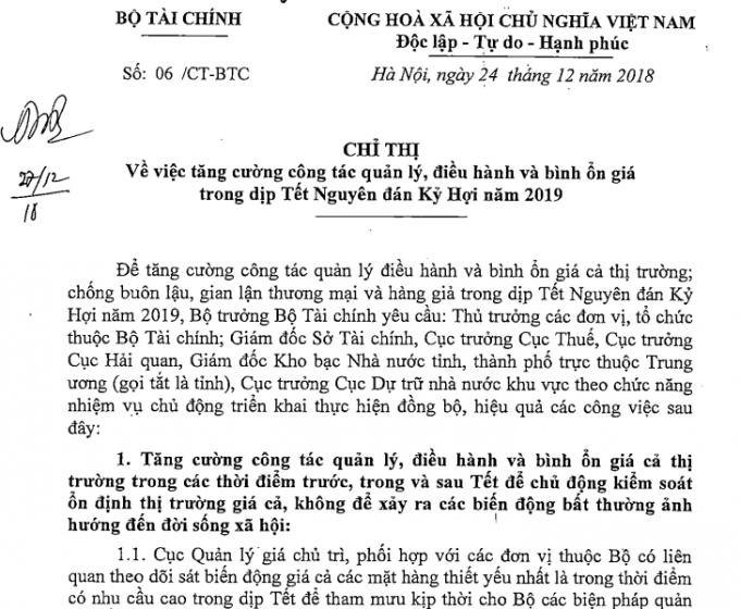 Chỉ thị số 06/CT-BTC về việc “Tăng cường công tác quản lý, điều hành và bình ổn giá trong dịp Tết Nguyên đán Kỷ Hợi năm 2019”. (Ảnh: Chụp màn hình)