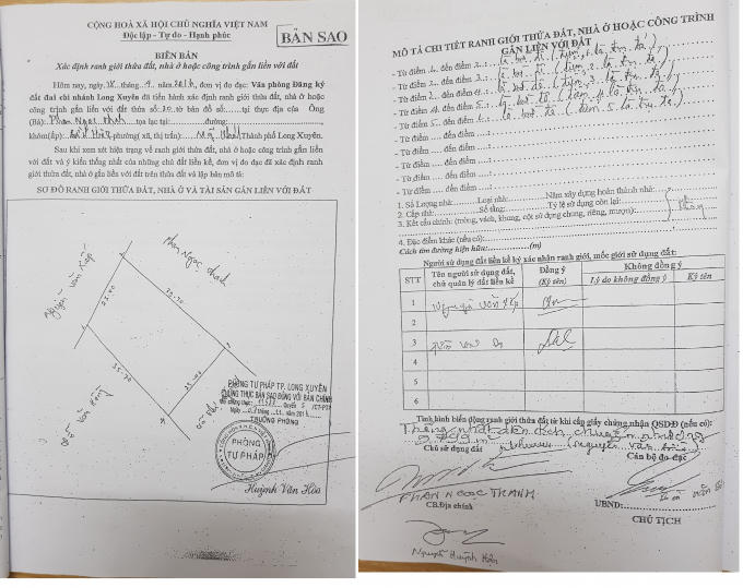 Biên bản xác định mốc giới thửa đất để VPĐKĐĐ Long Xuyên chuyển QSDĐ nhưng không có chữ ký của xã và cán bộ không đi thực địa vẫn ký!