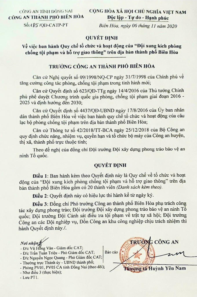 Quyết định về việc ban hành Quy chế tổ chức và hoạt động của “Đội xung kích phòng chống tội phạm và hỗ trợ giao thông.