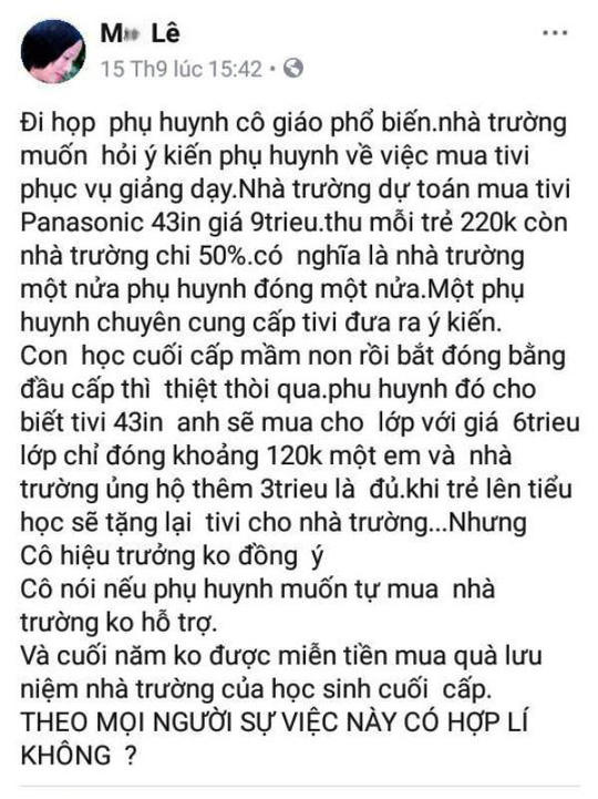 Thông tin được đăng tải lên tài khoản Facebook có tên M... Lê với nội dung liên quan đến cuộc họp phụ huynh.