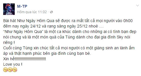 Như ngày hôm qua là ca khúc Sơn Tùng dành tặng cho các fan của mình.
