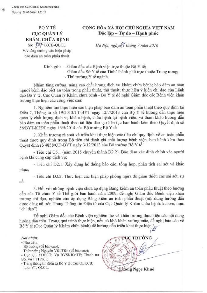 Công văn chỉ đạo của Cục Quản lý khám, chữa bệnh.