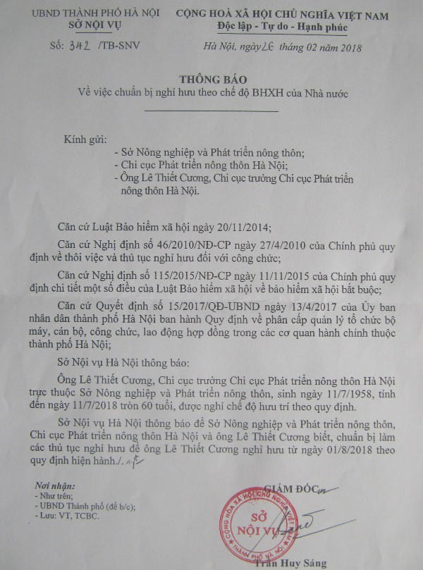 Từ cuối tháng 2/2018, ông Lê Thiết Cương đã có thông báo nghỉ hưu từ ngày 1/8. Tuy nhiên không hiểu vì sao ông Cương vẫn được bố trí đi "học tập, trao đổi kinh nghiệm" 10 ngày ở Châu Âu bằng tiền ngân sách nhà nước ?