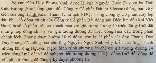 Các lời khai về sự chỉ đạo “ăn chia” của Trịnh Xuân Thanh (ảnh chụp từ tư liệu vụ án).