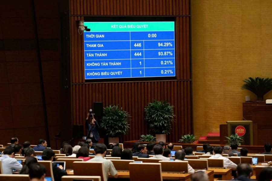 Luật Thương mại điện tử được Quốc hội thông qua với tỷ lệ 444/446 đại biểu có mặt tán thành. (Ảnh: Văn phòng Quốc hội)