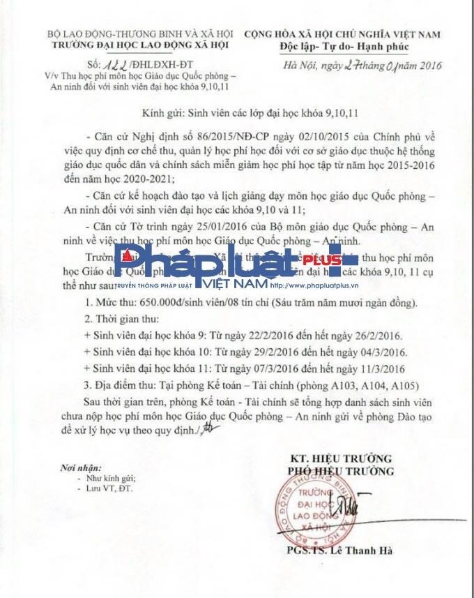 Văn bản yêu cầu "truy thu" học phí môn Giáo dục Quốc phòng đối với sinh viên trường Đại học Lao động Xã hội.