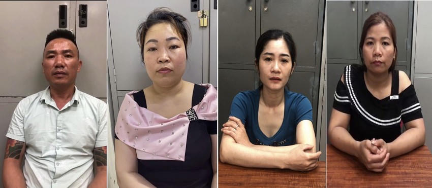 Nhóm đối tượng sử tượng chức sử dụng ma túy Đỗ Văn Cường, Ngô Thị Toan, Vũ Thị Huyền và Nguyễn Thị Tính (từ trái sang phải) tại cơ quan Công an. Ảnh: CA Quảng Ninh.