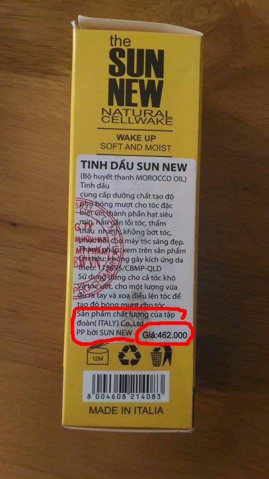 Một sản phẩm hiệu The Sunnew khác ghi đơn vị sản xuất mơ hồ, đơn vị phân phối không rõ ràng, với giá bán 462.000 đồng. Ghi sản xuất từ Italy nhưng thực tế, sản phẩm này cũng có dấu hiệu làm giả bài bản.