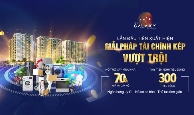 Nhằm giảm tải gánh nặng tài chính cho khách hàng khi mua căn hộ New Galaxy, Hưng Thịnh Land hợp tác cùng các ngân hàng uy tín đưa ra giải pháp tài chính kép vượt trội, hỗ trợ khách hàng vay mua nhà với số tiền vay tối đa lên đến 70% giá trị căn hộ và vay tiện nghi tiêu dùng lên đến 300 triệu đồng.