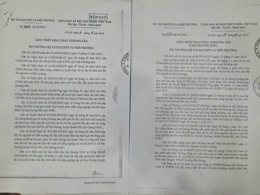 Giấy phép khai thác khoảng sản và Giấy pháp khai thác khoáng sản (chuyển nhượng) được phía đại diện cung cấp.
