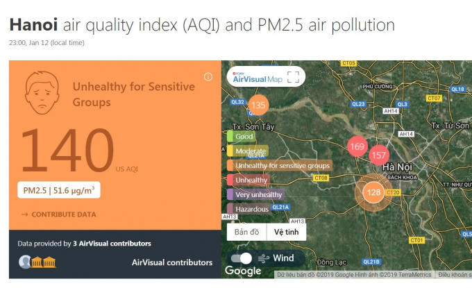 Chỉ số AQI đo được tại Hà Nội vào 11 giờ tối ngày 12/1/2019. Nguồn: AirVisual.com
