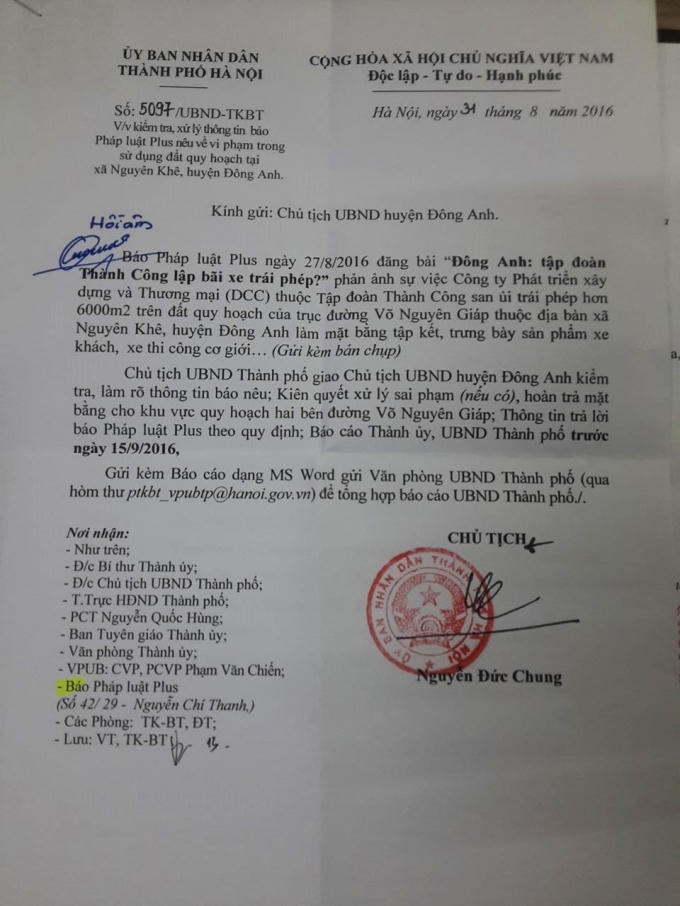 Văn bản chỉ đạo của Chủ tịch UBND TP Hà Nội Nguyễn Đức Chung.