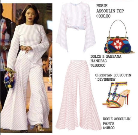 Cả set đồ Rihanna diện khi xuất hiện trên phố cũng lên đến hàng trăm triệu đồng. Được biết mẫu túi xách của Dolce &amp; Gabbana có giá tới 7.000 USD (khoảng 162 triệu đồng).