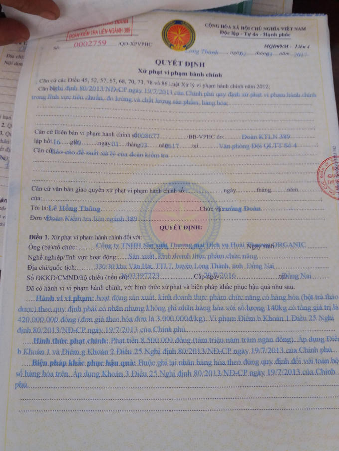 Biên bản xử phạt vi phạm trước đó của Đoàn kiểm tra liên ngành 389 đối với Công ty Hoài Thương.