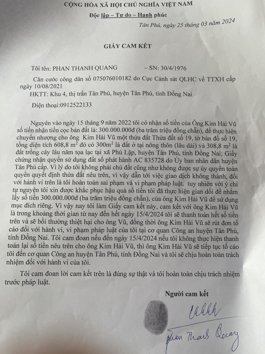 Giấy cam kết của ông Phan Thanh Quang với anh Kim Hải Vũ