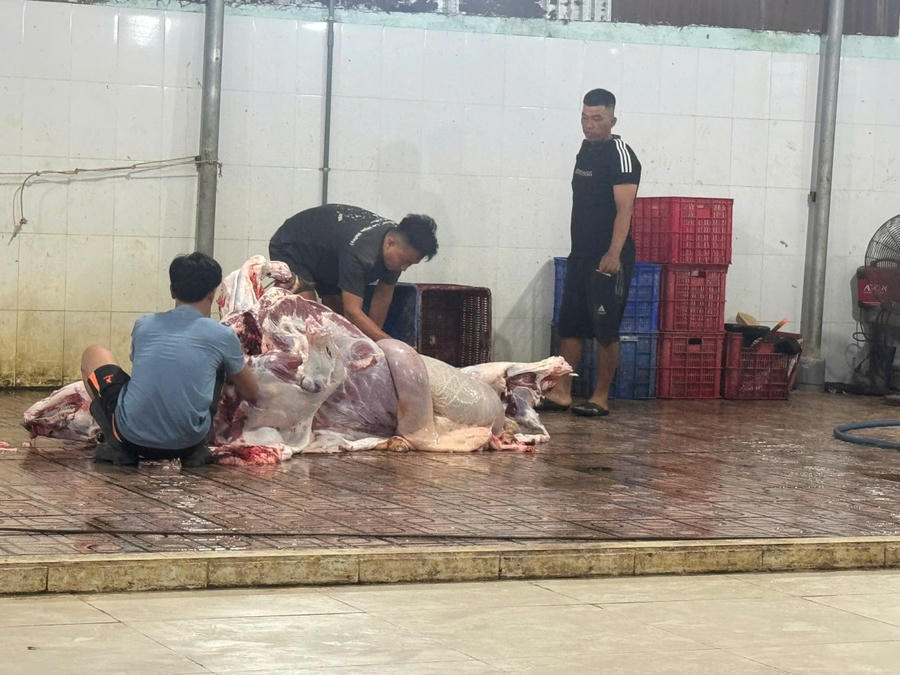 Lực lượng chức năng phát hiện cơ sở của ông Tiến giết mổ trái phép, không đảm bảo vệ sinh thú y (Ảnh: Công an Đồng Nai).